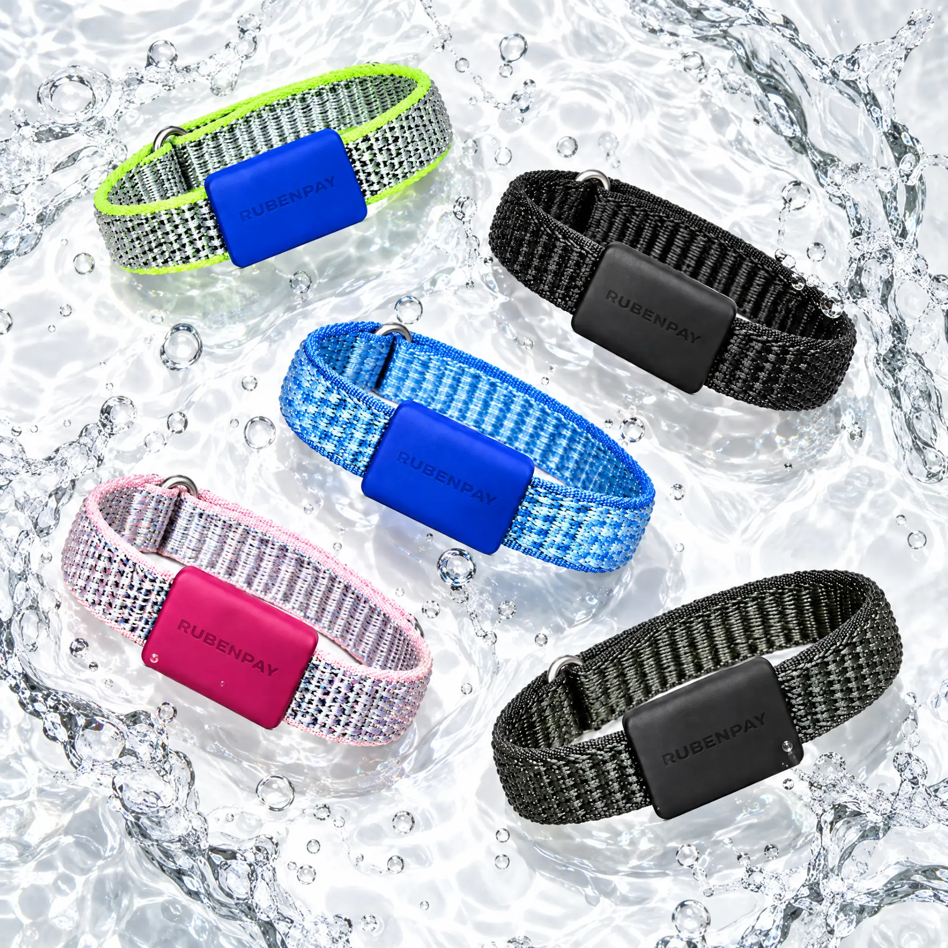 Five RUBENPAY LOOP wristbands in different colours floating in clear water