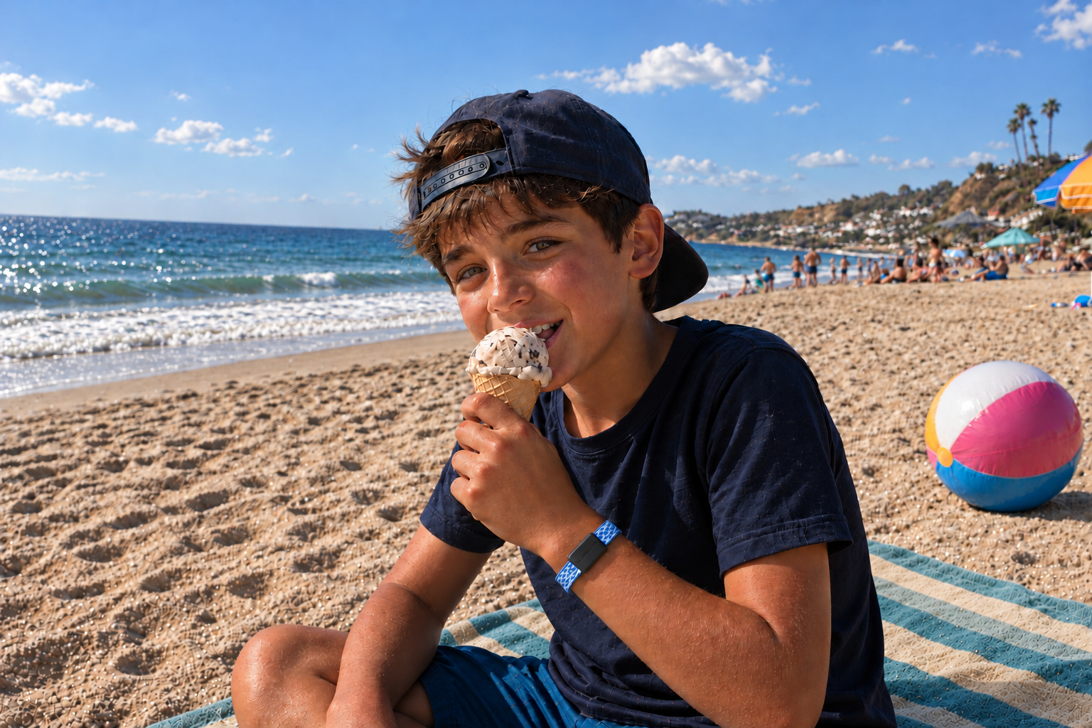 Child sitting on a beach towel eating ice cream, wearing a RUBENPAY LOOP on the wrist