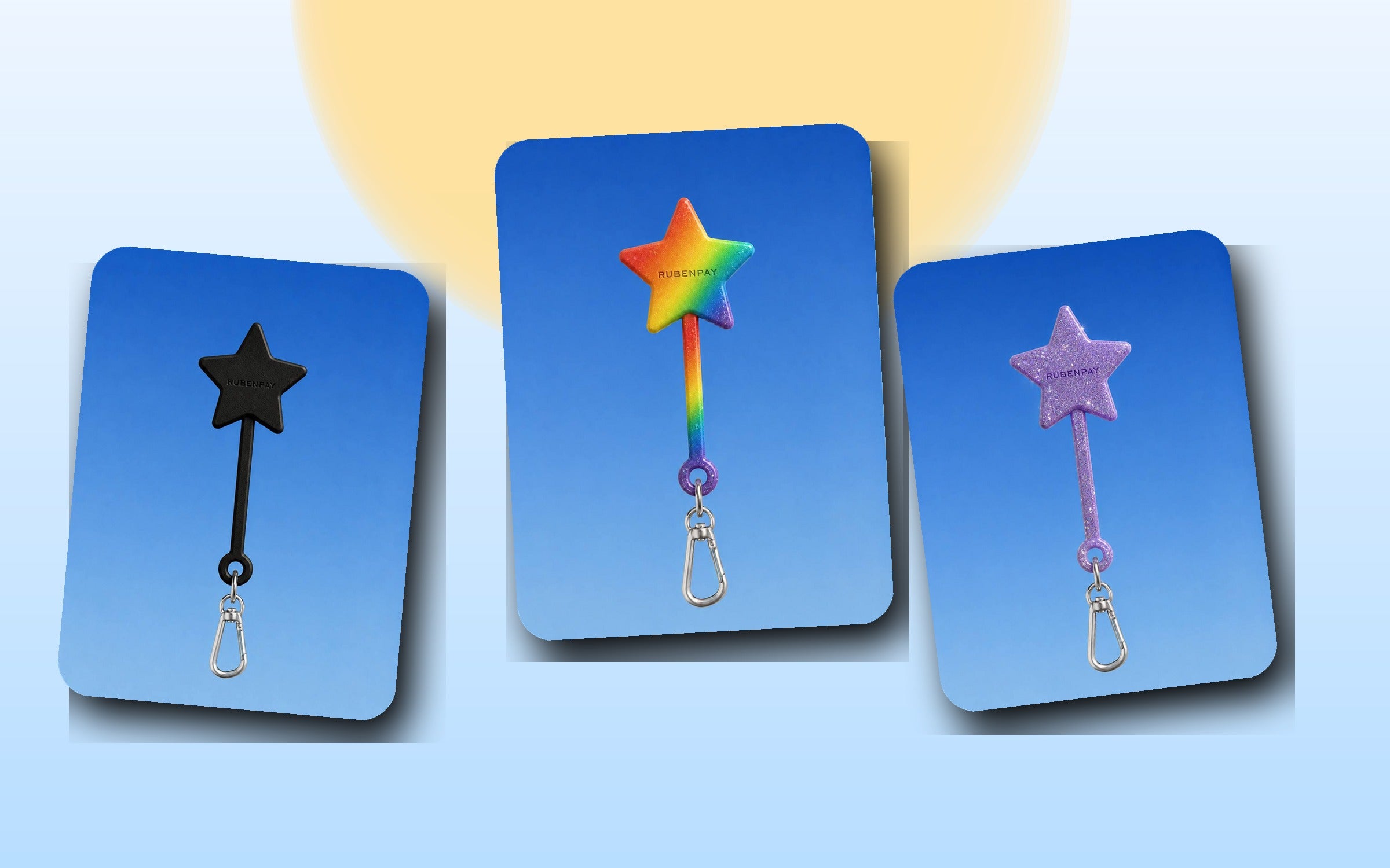 RUBENPAY Magic Wand in rainbow, lavender glitter and matte black finishes